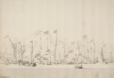 Flodspil på Y ved Amsterdam til ære for prinsen af Oranien, 5.-15. juni 1660, ca. 1675 (pen, lakering)
