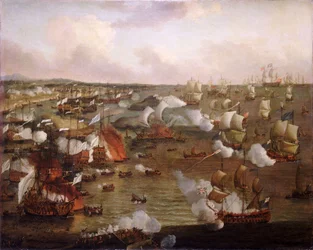 Afbrænding af franske skibe i slaget ved La Hogue, 23. maj 1692, slutningen af det 17. århundrede (olie på lærred)
