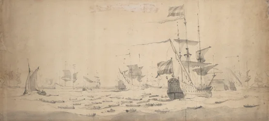 En hollandsk flåde, der ligger i en brise: et krigsråd, ca. 1665 (grafit, gråvask)
