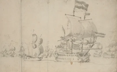 Et hollandsk flagskib med et ekspeditionsskib på sin agterstavn, maj 1672, ca. 1672 (blyant, lakering)