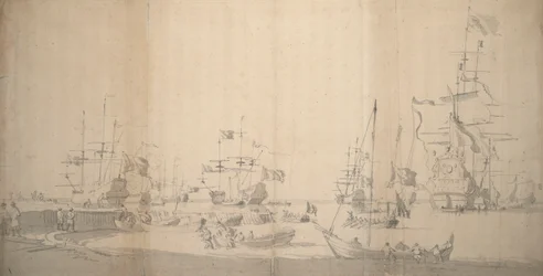 En weyschuit trækkes i land i en overfyldt havn, ca. 1672 (grafit)