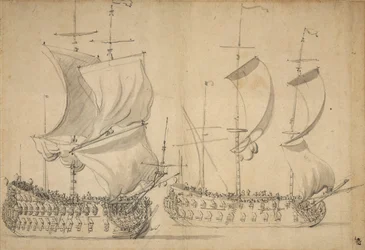 En engelsk tredjereder og fjerdereder under let sejlads, ca. 1677 (blyant, lakering)