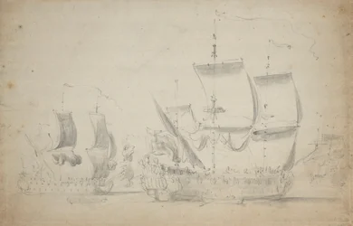 En engelsk todækker under let sejl, ca. 1675 (blyant, lakering)