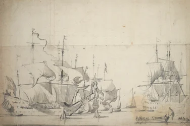 Hollandske krigsskibe, der tørrer sejl, ca. 1658 (grafit, grå vask)