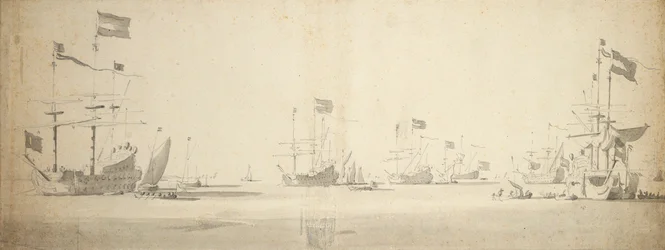 Hollandske flagskibe for anker med både ved siden af, ca. 1664 (grafit, gråvask)