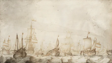 Hollandske sildefiskerfartøjer i Nordsøen. Blæk- og vasketegning (27,4x47,6 cm) af William van de Velde den ældre (ca. 1611-1693), ca. 1650.
