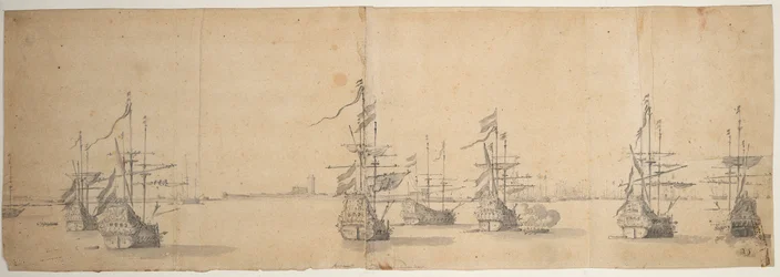 Hollandske skibe for anker ud for en lav kyst, ca. 1658 (grafit, gråvask)