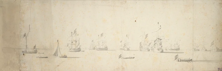 Hollandske skibe for anker ud for land, ca. 1664 (grafit, gråvask)