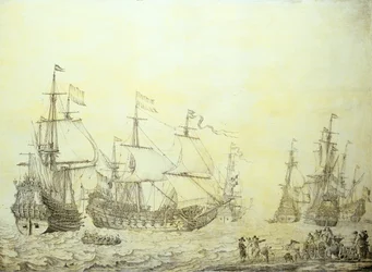 Hollandske skibe ankrer op nær kysten