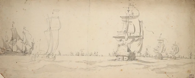 Hollandske skibe løber ned mod hovedflåden, maj 1672, ca. 1672 (grafit, grå lav)