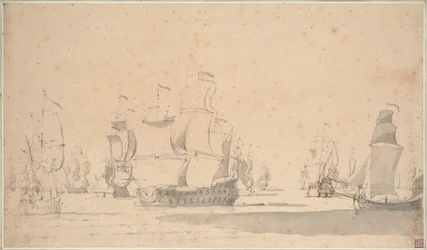 Engelske skibe, en ketch og en galliot i en let brise, juni 1673, ca. 1673 (blyant, lavering, pen, brunt blæk)
