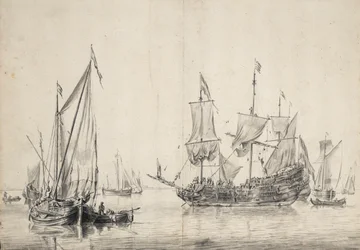 Sejlbåde og en hollandsk fregat, der tørrer sine sejl. Tegning og lakering (26x37 cm), af William van de Velde l