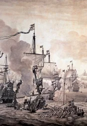Slaget ved Øresund mellem den hollandske og den svenske flåde, 8. november 1658. Detalje - Olie- og blækmaleri