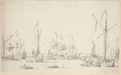 Yachter og skibe for anker nær Sheerness, ca. 1677 (grafit, grå vask)