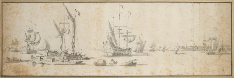 To hunde og et skib for anker i en havn, ca. 1681 (grafit, gråvask)