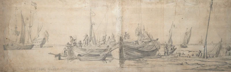 To kajakker på land for enden af en hård, ca. 1643 (grafit, grå vask)