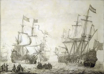 To handelsskibe fra det hollandske ostindiske kompagni forlader kysten i rolig vind. Grisaille på træ