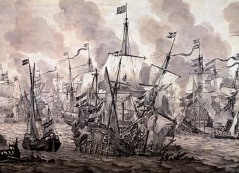 slaget ved Øresund mellem den hollandske og den svenske flåde, 8. november 1658. Detalje - Olie- og blækmaleri