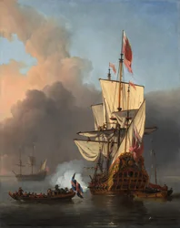 Et engelsk krigsskib affyrer en salut