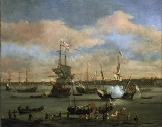 Britisk handelsskib i en havn i Middelhavet. Olie på lærred