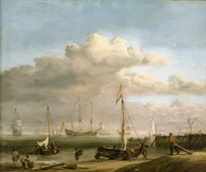 Den hollandske kyst til Marsdiep og Den Helder med fiskerbåde. Olie på lærred, ca. 1690, af Willem van de Velde (1633-1707).
