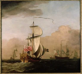Den anden hertug af Albemarles ketch med en yacht til venstre og tre krigsskibe i det fjerne til højre