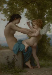 En ung pige, der forsvarer sig mod Eros, ca. 1880 (olie på lærred)