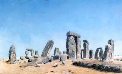 Græssende får ved Stonehenge (akvarel)