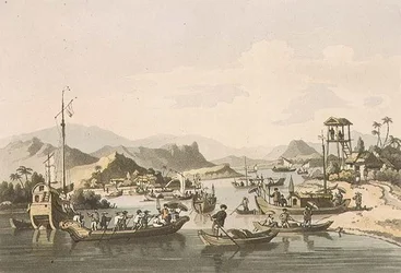 Cochin-Chinese Shipping on the River Taifo, planche 15 fra "A Voyage to Cochinchina" af John Barrow (1764-1848), graveret af Thomas Medland (1755-1823) 1806 (akvaratint)