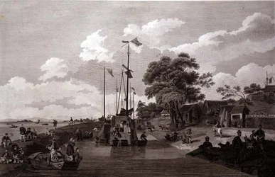 Udsigt over søen Pao-Yng, hvor den er adskilt fra Canal Grande af en Jorddæmning, indgraveret af William (1747-1810) og Elizabeth Ellis, pub. af G. Nicol