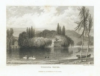 Virginia Water, Lake Surrey (England), nær Windsor, udsigt til den kinesiske pavillon omgivet af træer på en ø i midten af søen. Gravering af J. Lewis efter William Daniell (1769-1837).