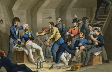 Sygelugaren, slaget ved Nilen, med Nelson såret i slaget, graveret af Matthew Dubourg (fl.1813-20) fra 