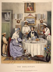 Morgenmaden. Et ungt ægtepar (en embedsmand i det østindiske kompagni og hans kone) spiste morgenmad med stegt fisk, ris og Sylhet-appelsiner med tilstedeværende tjenere. Litografi af J. Bouvier.