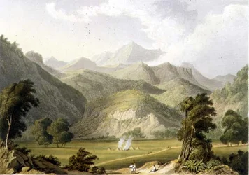 Approach to the Bore Ghaut, fra et maleri af oberstløjtnant Johnson, indgraveret af T. Fielding og farvelagt af J.B. Hogarth (litho)
