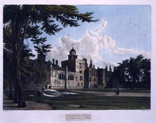 Charter House fra legepladsen, fra "History of Charter House School", en del af "History of the Colleges", graveret af William James Bennett (1787-1844), udgivet af R. Ackermann.
