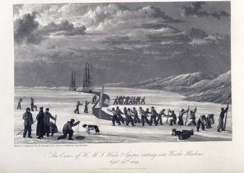 Besætningen på H.M.S. Hecla og Griper skærer ind i vinterhavnen, 26. september 1819, illustration fra 
