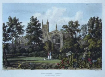 Winchester College set fra forstanderens have, fra "History of Winchester College", del af "History of the Colleges", graveret af Joseph Constantine Stadler (fl.1780-1812) udgivet af R. Ackermann.