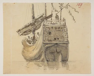 159 En båd.  , fra et album med 372 tegninger af landskaber, kystlinjer, kostumer og hverdagsliv lavet under Lord Macartneys ambassade til kejseren af Kina, mellem 1792 og 1794 (blyant og akvarel på papir)