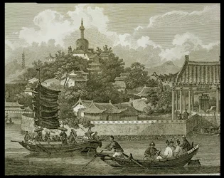 A View of the Gardens of the Imperial Palace, Peking, detalje, indgraveret af Samuel Smith, pub. af G. Nicol, 1796
