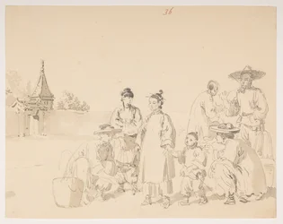 En gruppe fra et album med 372 tegninger af landskaber, kystlinjer, kostumer og hverdagsliv lavet under Lord Macartneys ambassade til kejseren af Kina