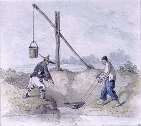 Kinesiske arbejdere samler vand (akvarel)