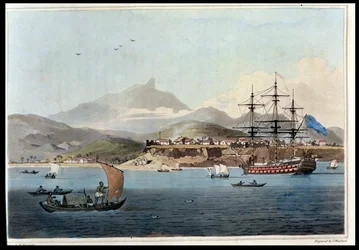 Porto Praya på øen St. Jago, planche 4 fra "A Voyage to Cochinchina" af John Barrow (1764-1848), graveret af Thomas Medland (1755-1823) 1806 (akvatint)