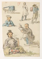 f.11 59 Studier af kinesisk,  fra et album med 372 tegninger af landskaber, kystlinjer, kostumer og hverdagsliv lavet under Lord Macartneys ambassade til Kinas kejser, mellem 1792 og 1794 (blyant og akvarel på papir)