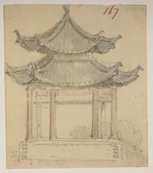 f. 63 167 Tempel.  , fra et album med 372 tegninger af landskaber, kystlinjer, kostumer og hverdagsliv lavet under Lord Macartneys ambassade til Kinas kejser, mellem 1792 og 1794 (blyant og akvarel på papir)