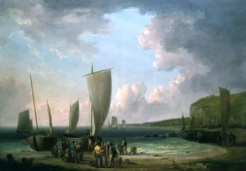 Et kystlandskab med fiskere, der losser