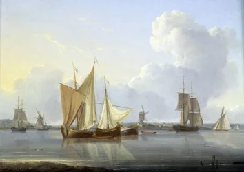 Ankomst til Limehouse, London (England), forskellige både på Themsen og en mølle på bredden, og til højre Greenwich Hospital. Olie på lærred, ca. 1820, af William Anderson (1750-1778).