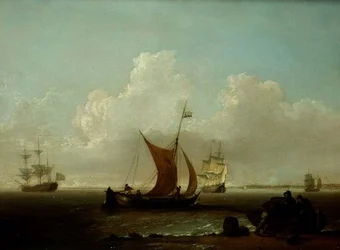 Hollandsk skibsfart ud for Hollands kyst med fiskere, der læsser en båd fra land