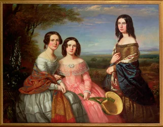 Et gruppeportræt af tre piger, trekvart længde, i et landskab, 1849