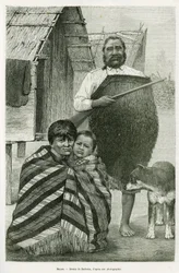 Tre generationer af maorier. Gravering af Barbotin til illustration af historien Voyage a la Nouvelle Zelande, 1889, af G. Verschuur, i le tour du monde 1890, instrueret af Edouard Charton (1807-1890), Hachette, Paris.
