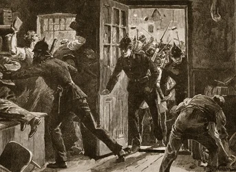 Kamp i Ennis mellem medlemmer af National League og politiet, 1886, illustration fra »Cassell